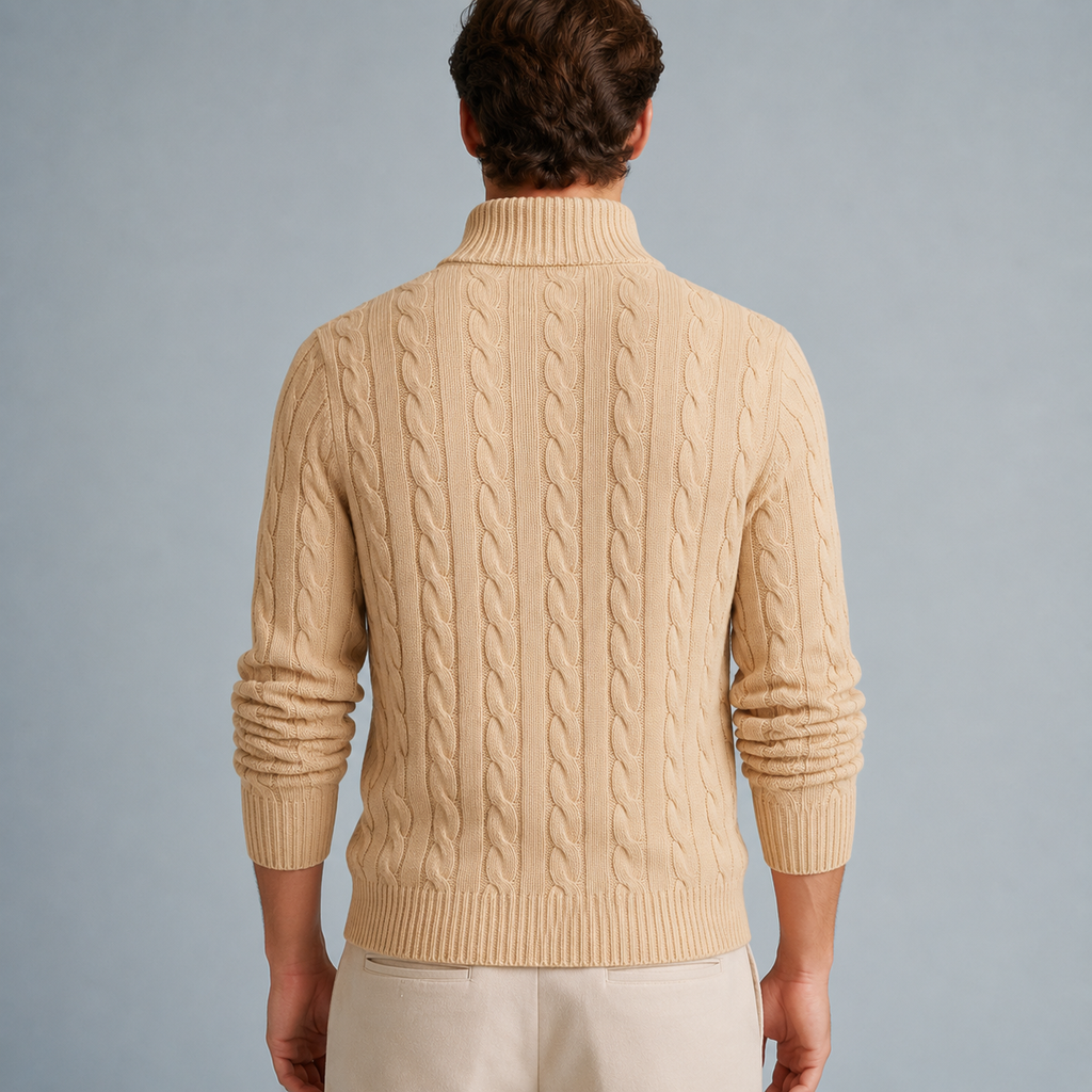 Men's Cotton Cable Knit Zip Turtleneck Jumper Black Canvas