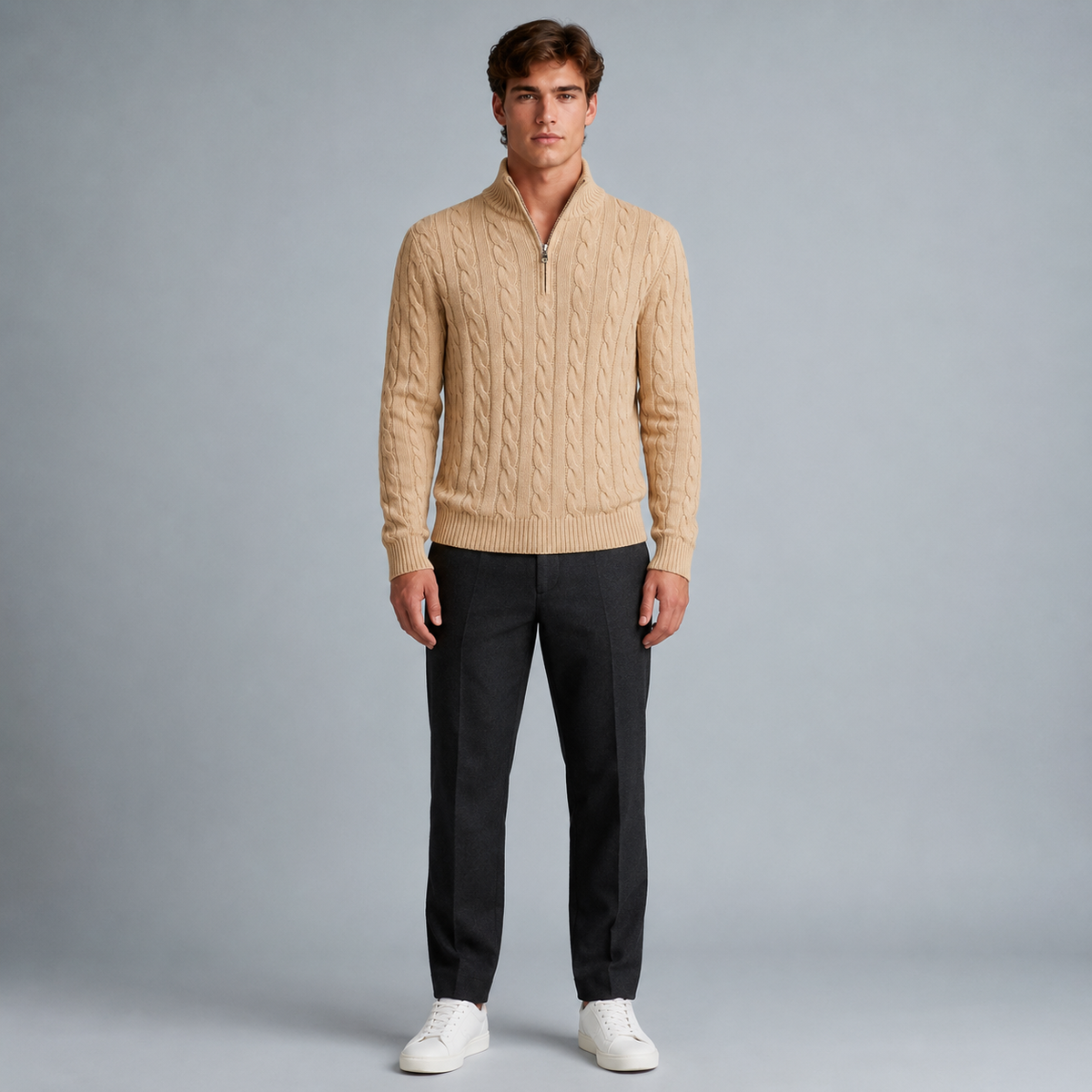 Men's Cotton Cable Knit Zip Turtleneck Jumper Black Canvas