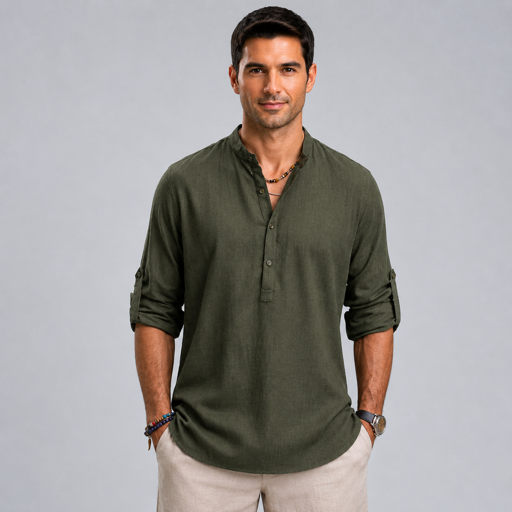 Men's Cotton Henley Stand Collar Long Sleeve Shirt Black Canvas