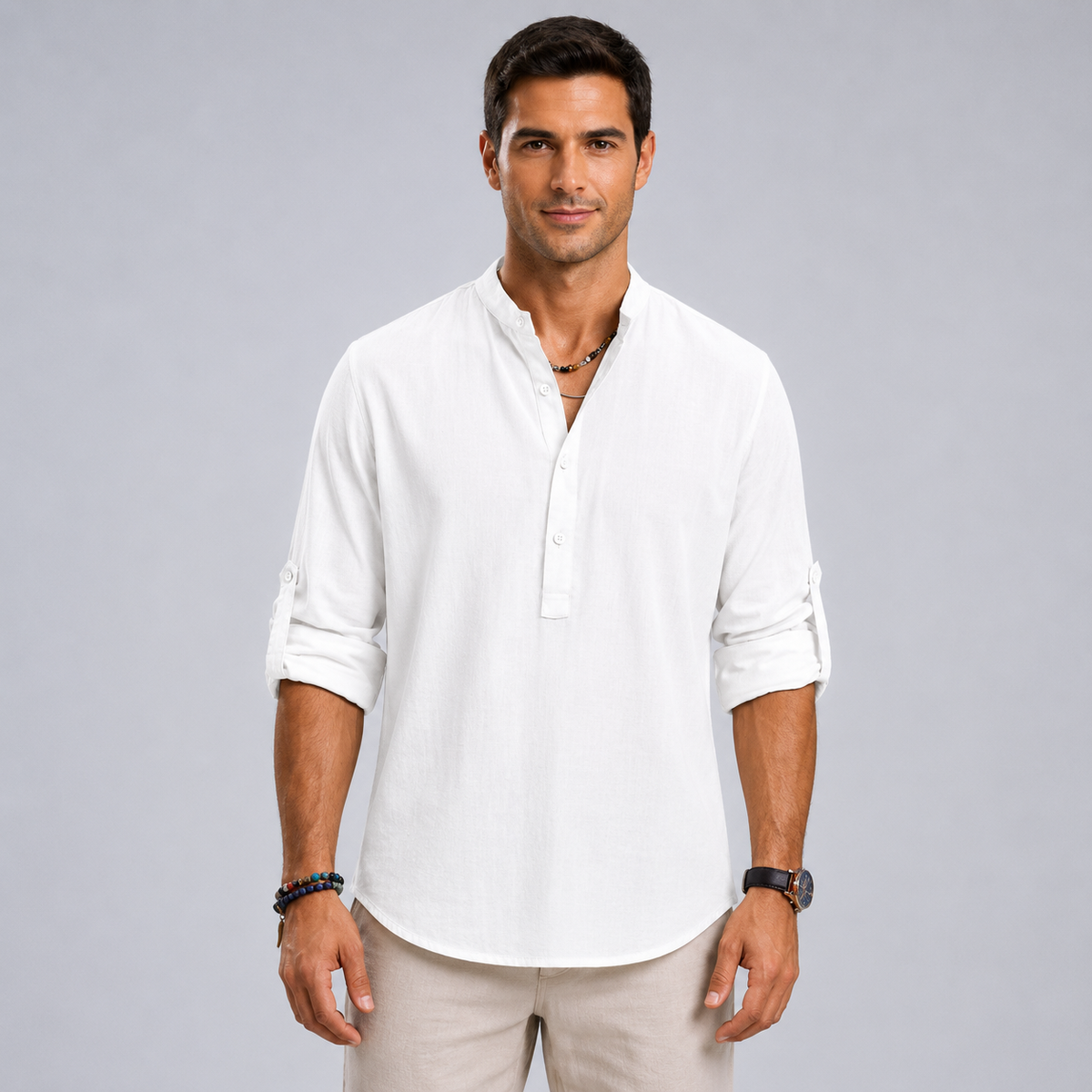 Men's Cotton Henley Stand Collar Long Sleeve Shirt Black Canvas