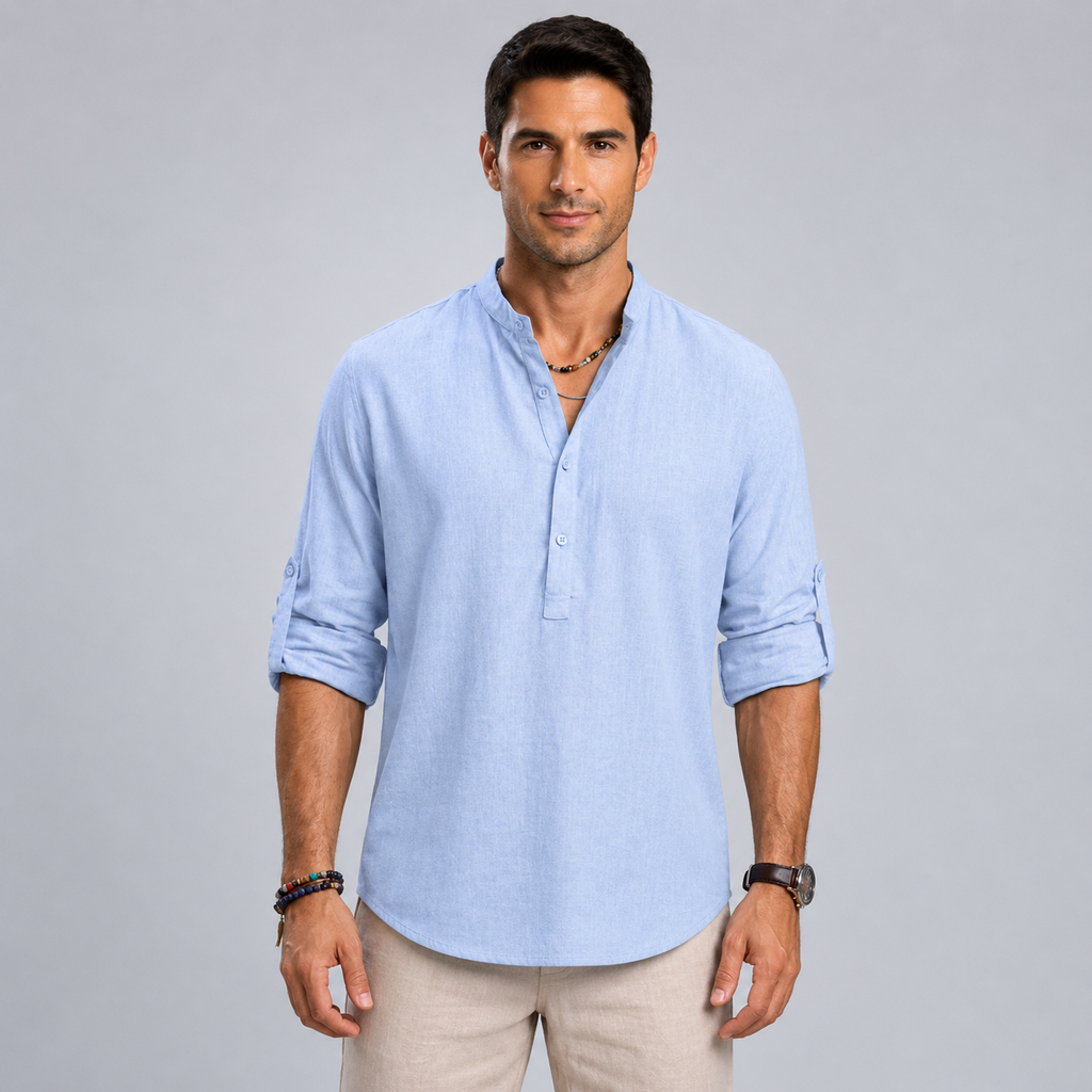 Men's Cotton Henley Stand Collar Long Sleeve Shirt Black Canvas