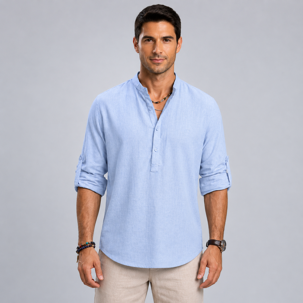 Men's Cotton Henley Stand Collar Long Sleeve Shirt Black Canvas