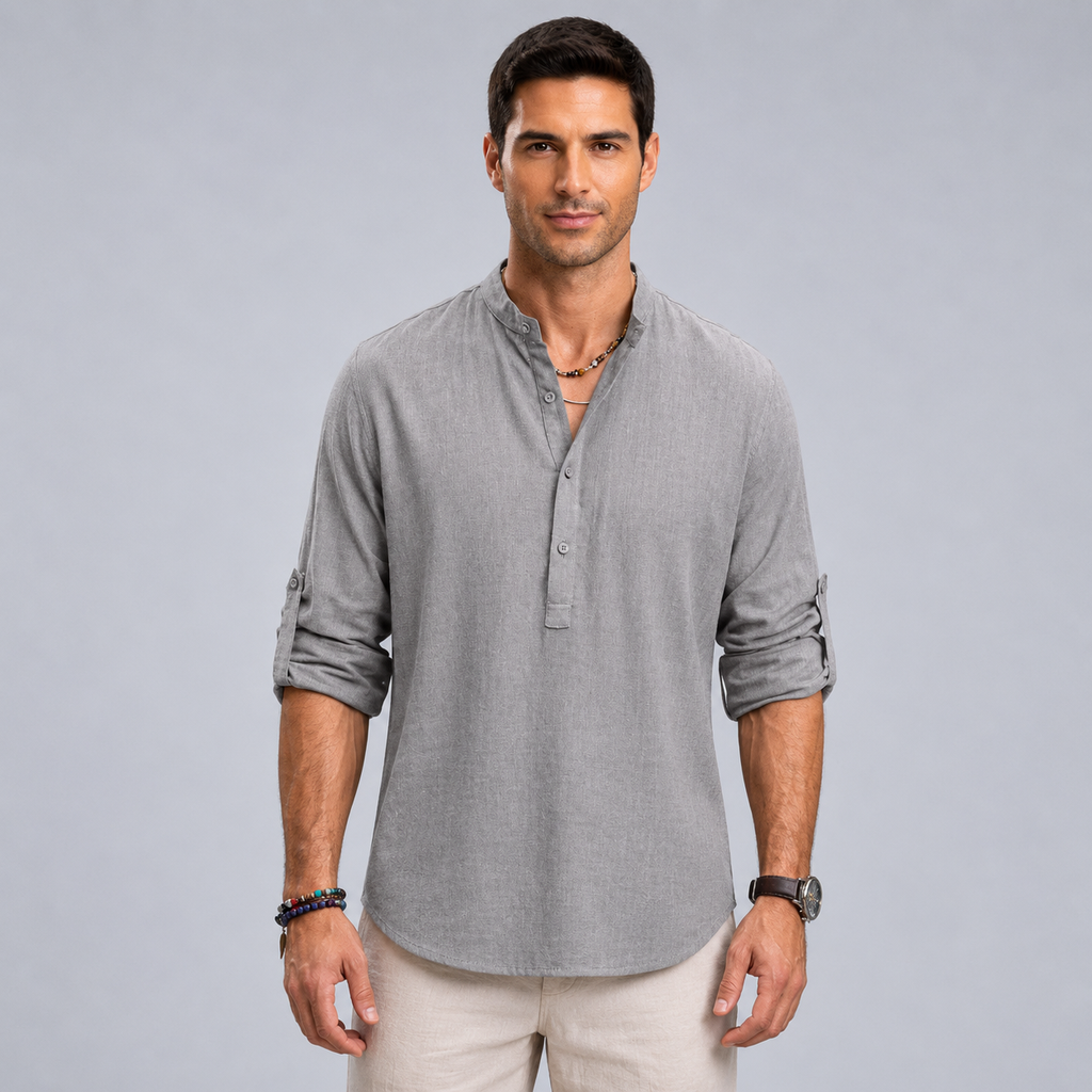 Men's Cotton Henley Stand Collar Long Sleeve Shirt Black Canvas