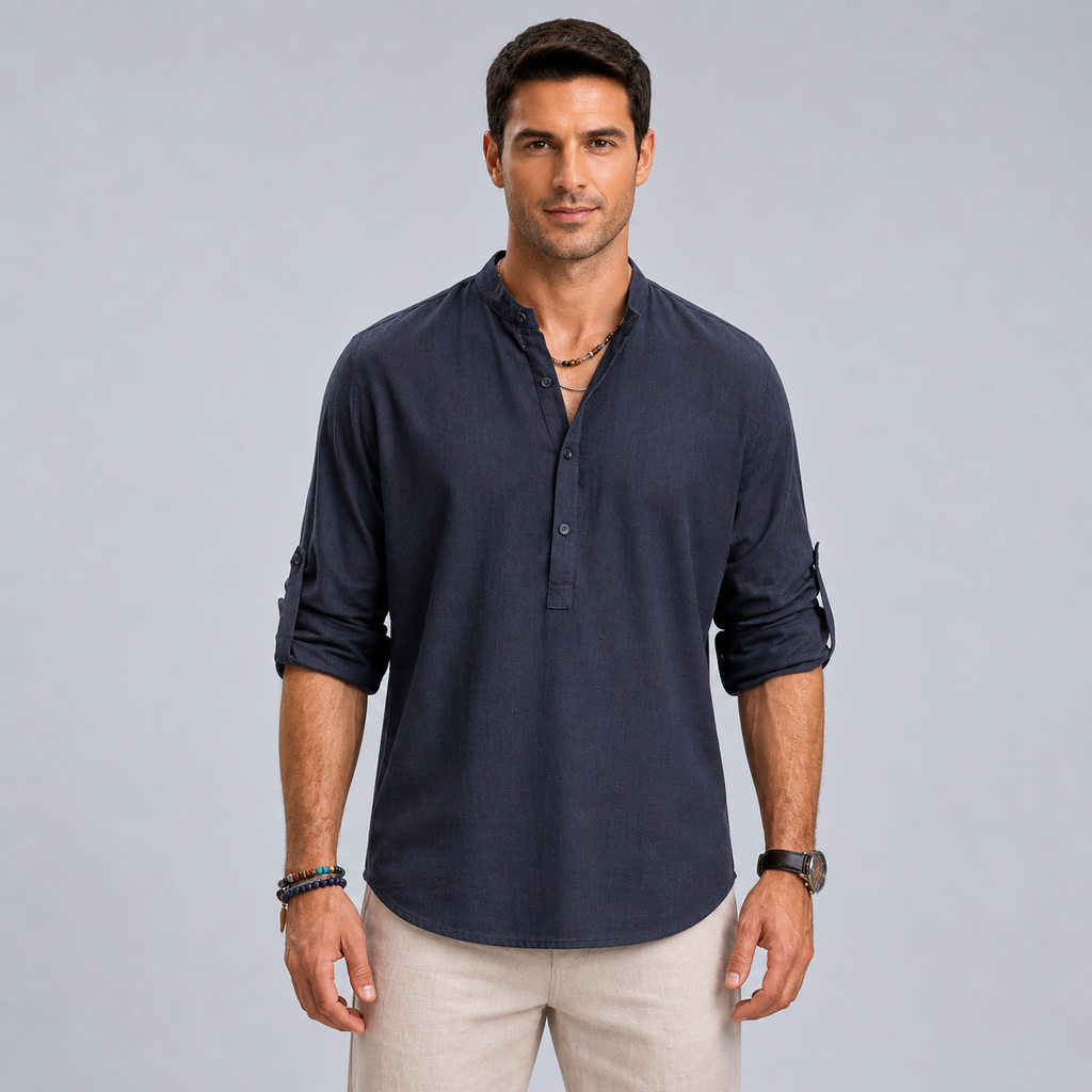 Men's Cotton Henley Stand Collar Long Sleeve Shirt Black Canvas