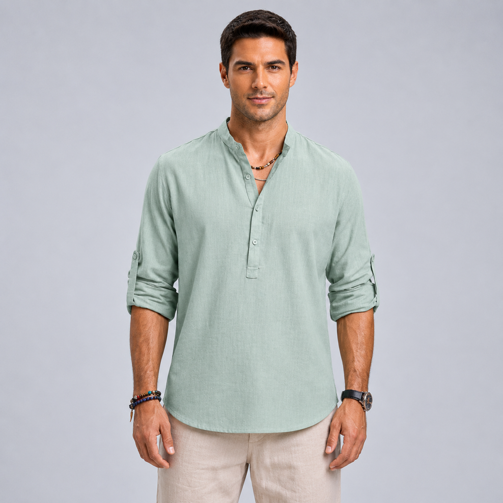 Men's Cotton Henley Stand Collar Long Sleeve Shirt Black Canvas