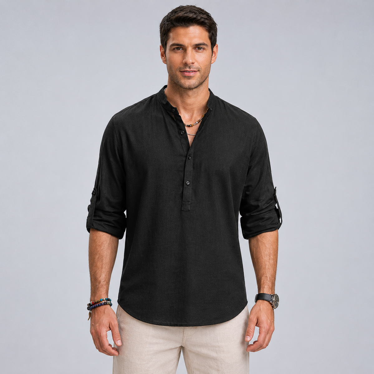 Men's Cotton Henley Stand Collar Long Sleeve Shirt Black Canvas