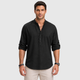 Men's Cotton Henley Stand Collar Long Sleeve Shirt Black Canvas
