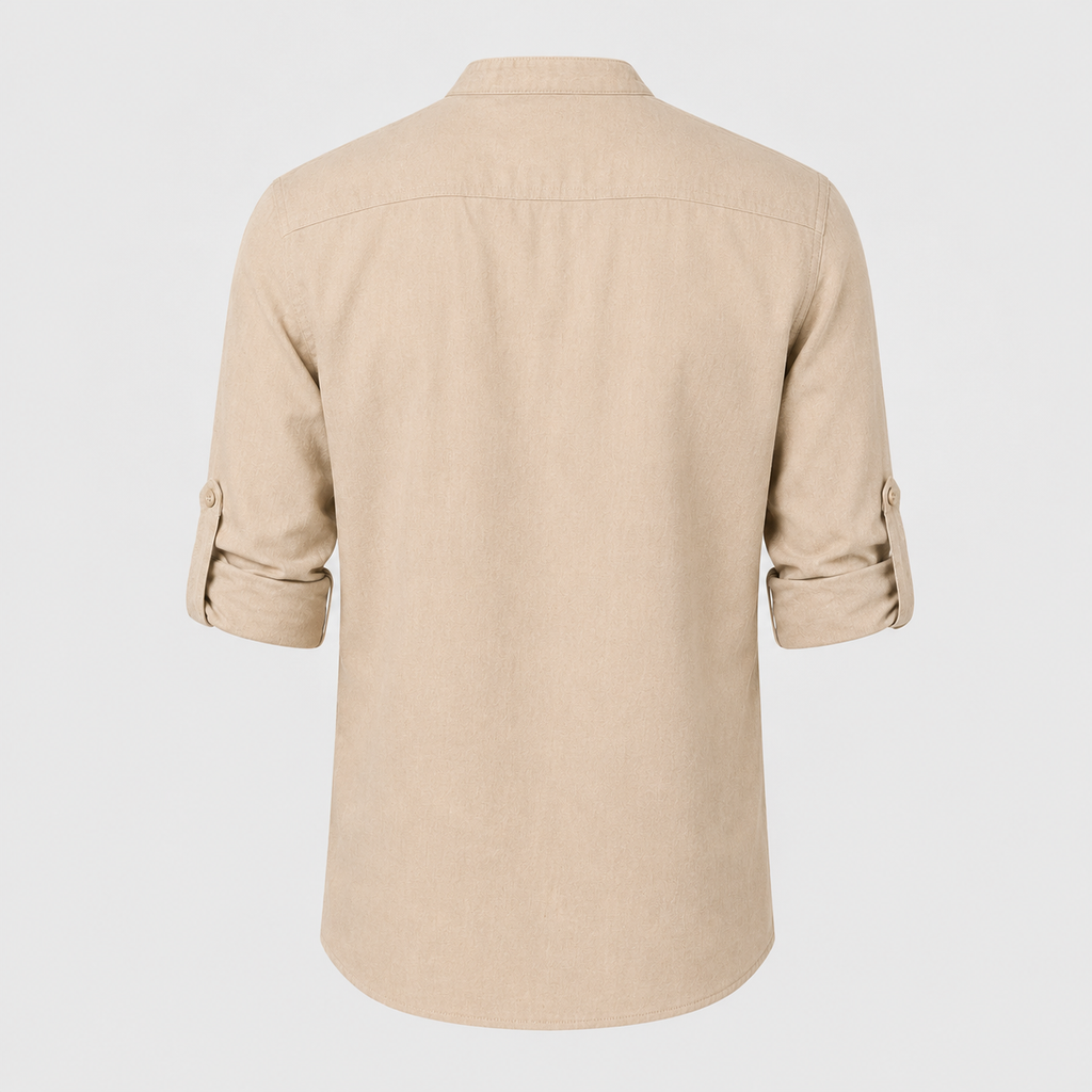 Men's Cotton Henley Stand Collar Long Sleeve Shirt Black Canvas