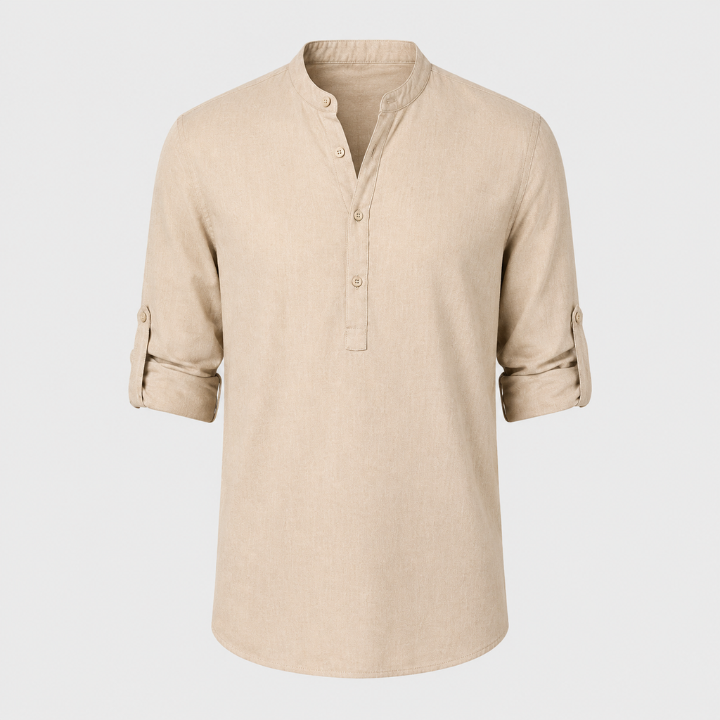 Men's Cotton Henley Stand Collar Long Sleeve Shirt Black Canvas