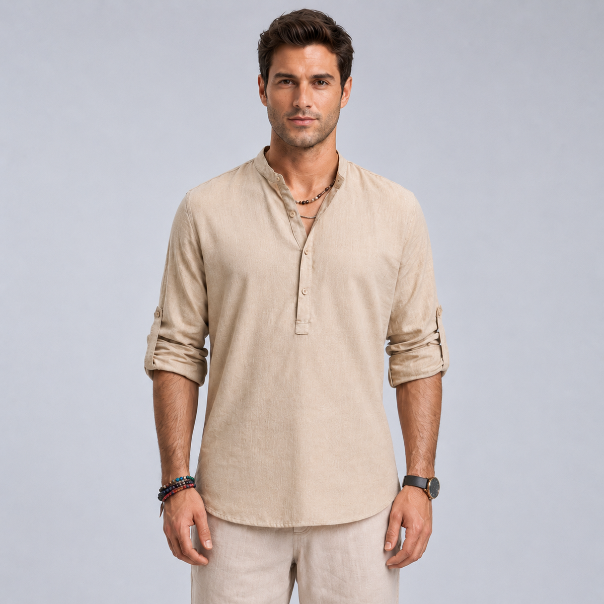 Men's Cotton Henley Stand Collar Long Sleeve Shirt Black Canvas