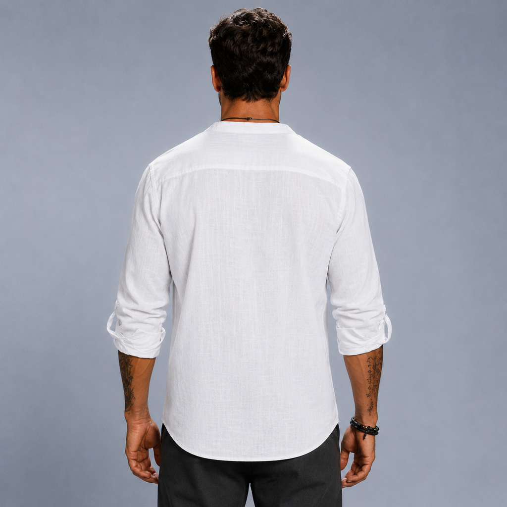 Men's Cotton Linen Half-Button Stand Collar Shirt Black Canvas