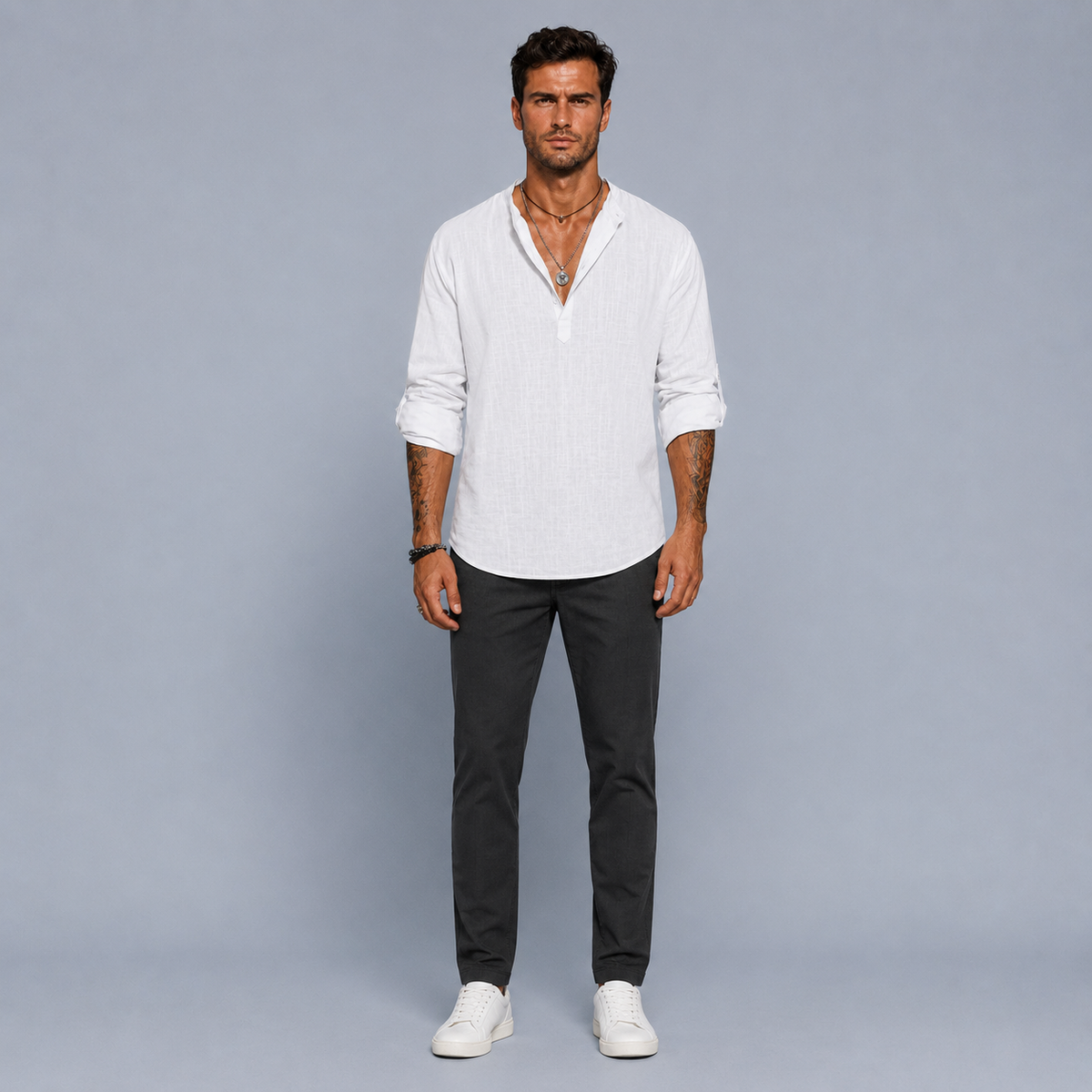 Men's Cotton Linen Half-Button Stand Collar Shirt Black Canvas