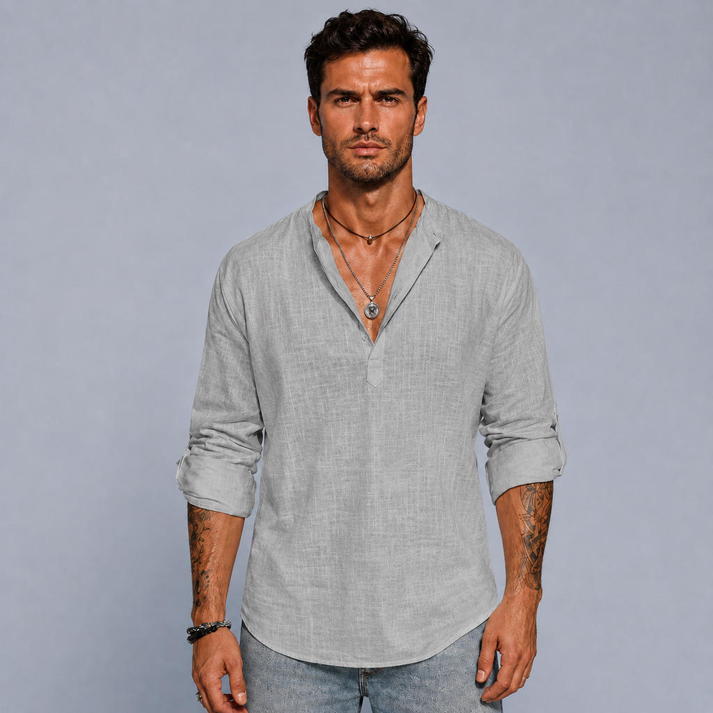 Men's Cotton Linen Half-Button Stand Collar Shirt Black Canvas