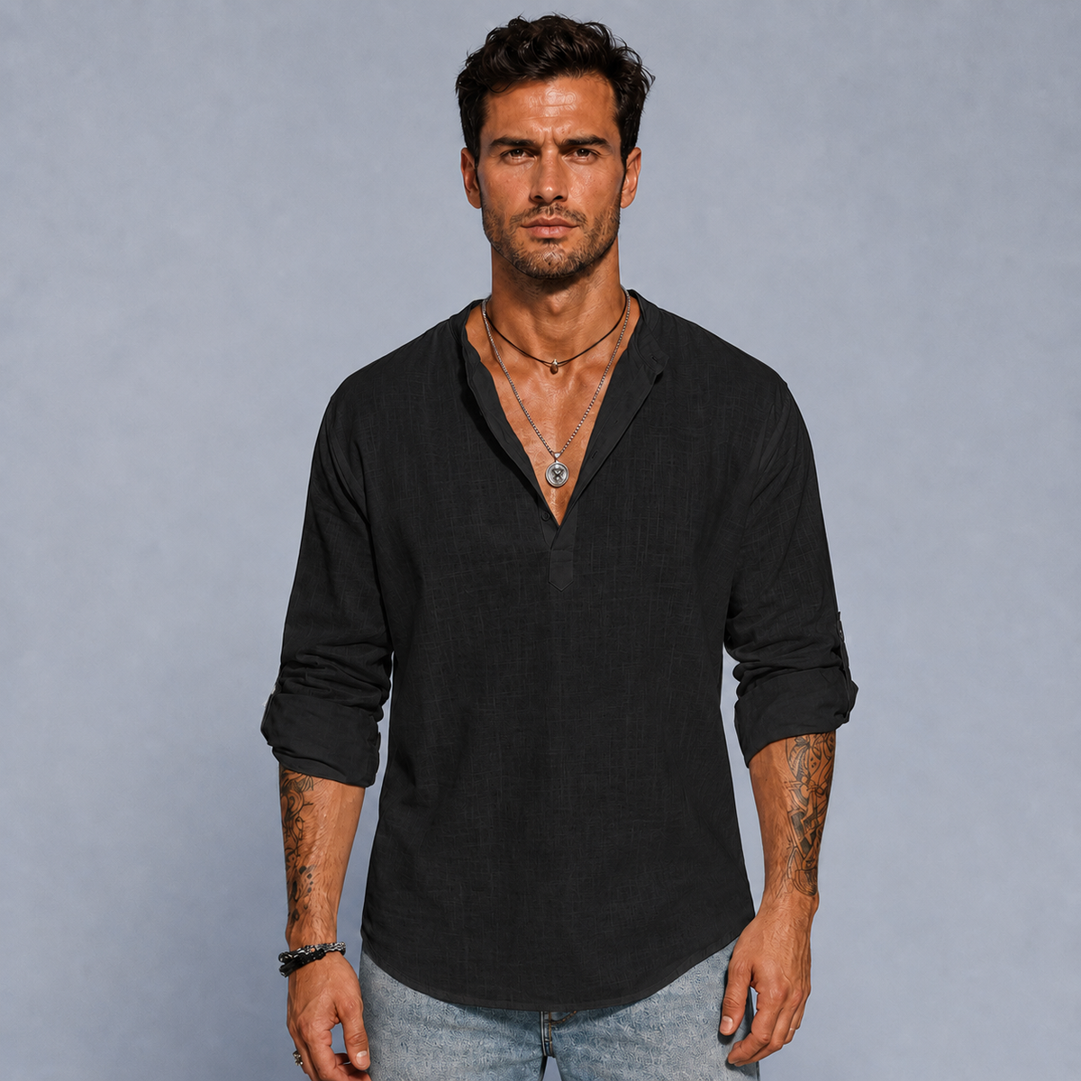 Men's Cotton Linen Half-Button Stand Collar Shirt Black Canvas