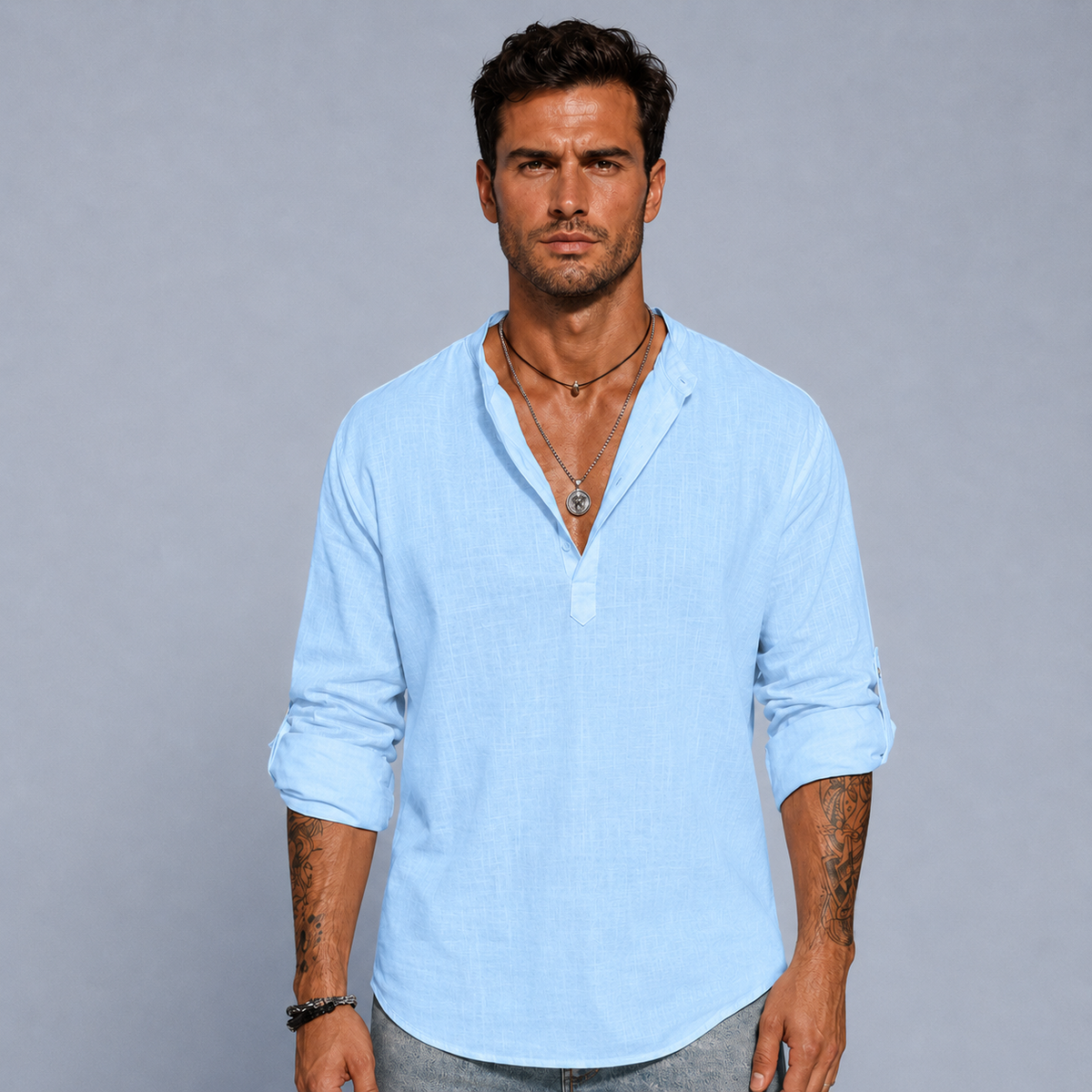 Men's Cotton Linen Half-Button Stand Collar Shirt Black Canvas