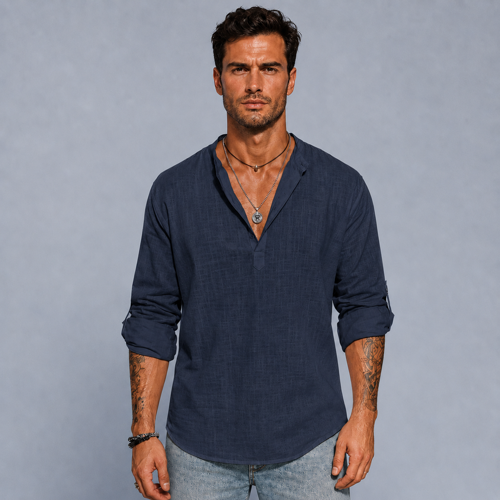 Men's Cotton Linen Half-Button Stand Collar Shirt Black Canvas