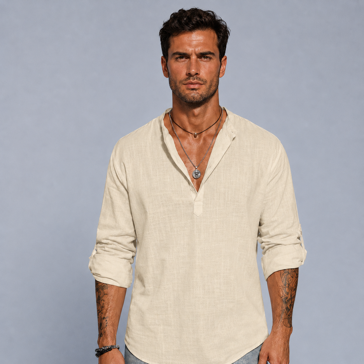 Men's Cotton Linen Half-Button Stand Collar Shirt Black Canvas