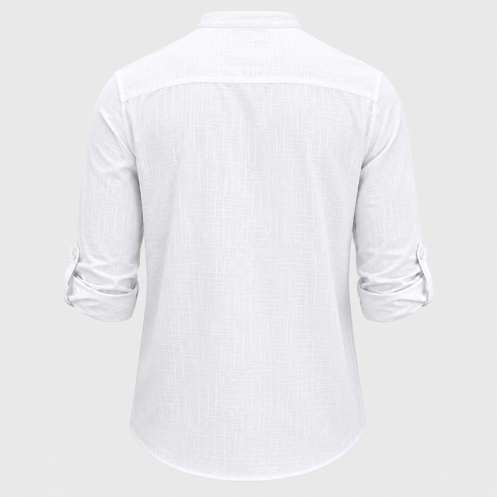 Men's Cotton Linen Half-Button Stand Collar Shirt Black Canvas