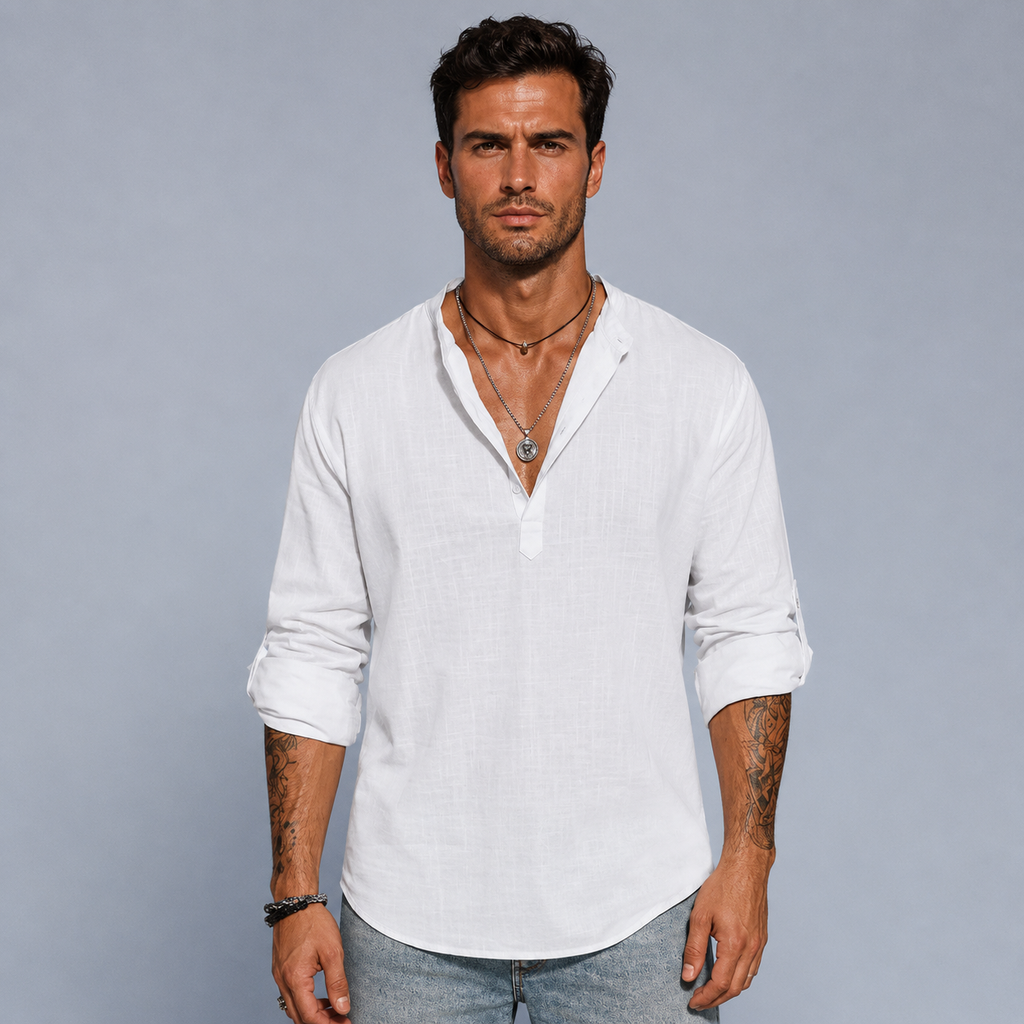 Men's Cotton Linen Half-Button Stand Collar Shirt Black Canvas