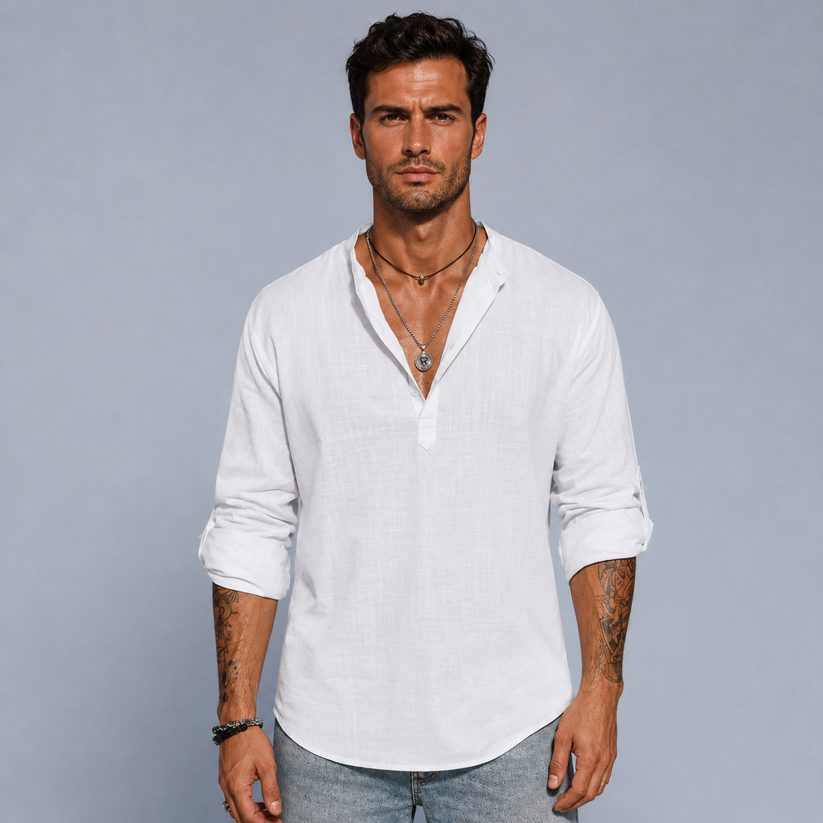 Men's Cotton Linen Half-Button Stand Collar Shirt Black Canvas
