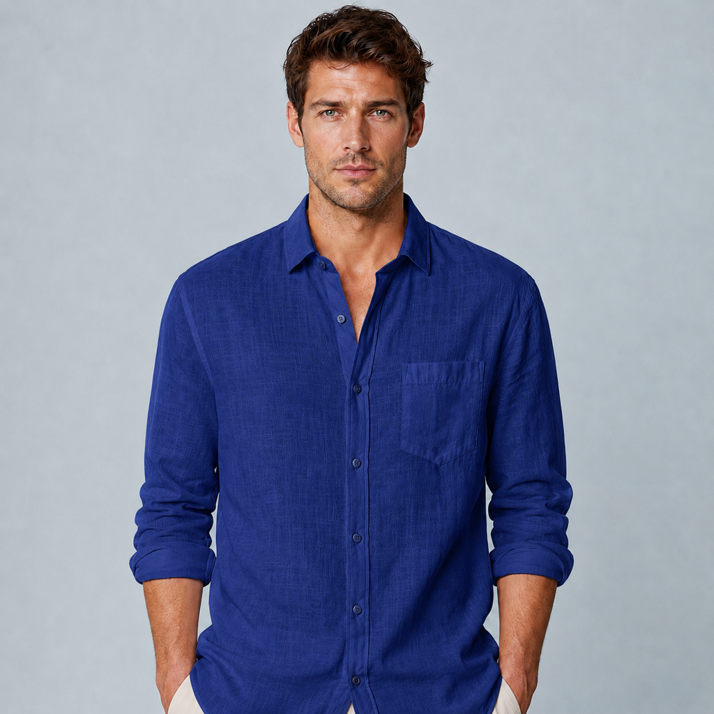 Men's Cotton Linen Lapel Long Sleeve Shirt Black Canvas