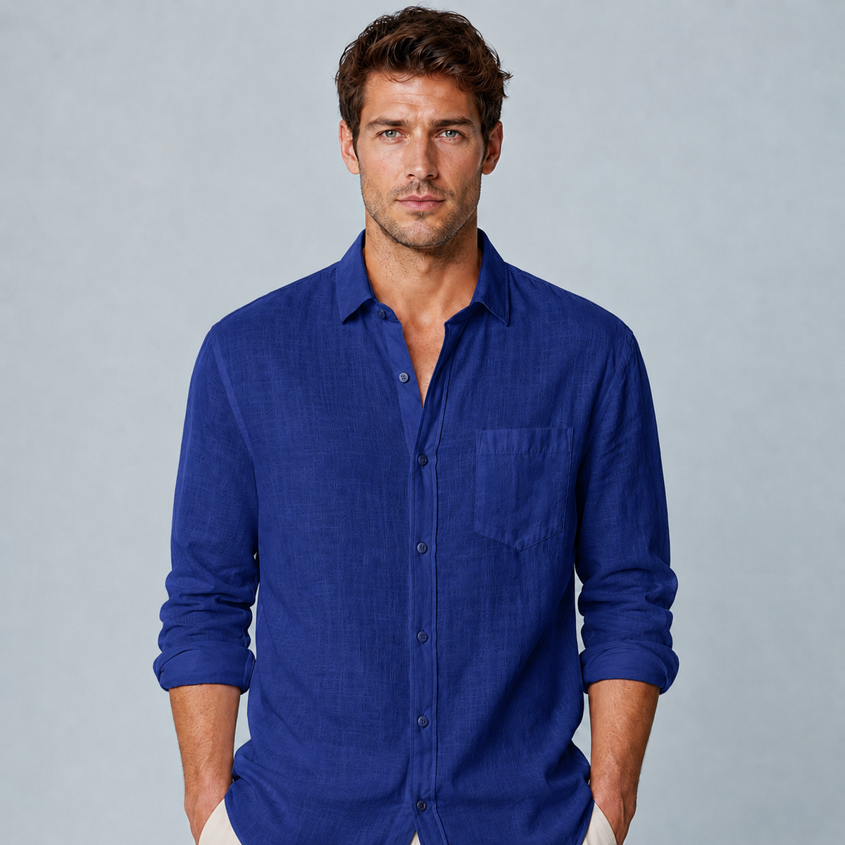 Men's Cotton Linen Lapel Long Sleeve Shirt Black Canvas