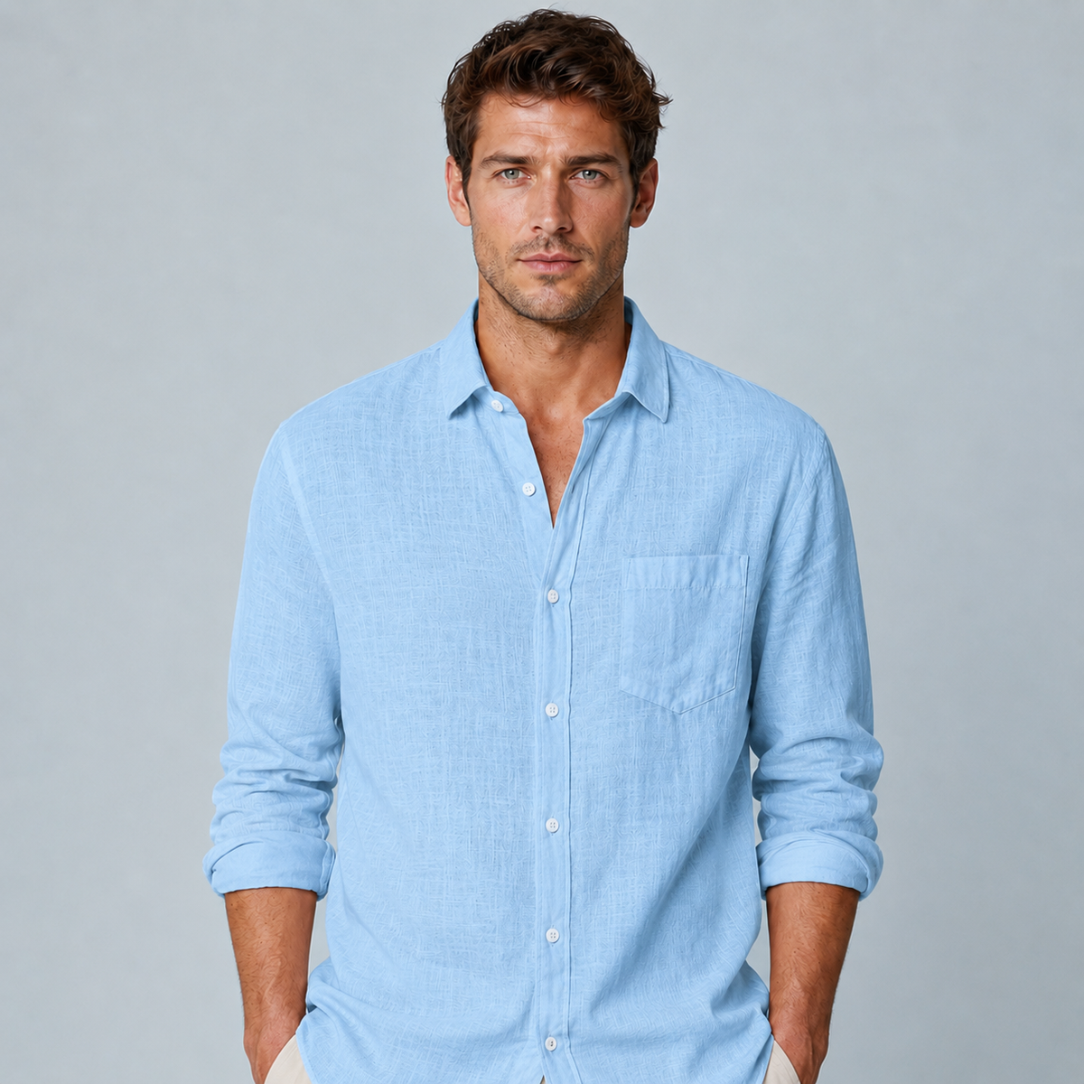 Men's Cotton Linen Lapel Long Sleeve Shirt Black Canvas