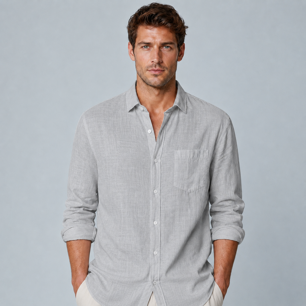 Men's Cotton Linen Lapel Long Sleeve Shirt Black Canvas