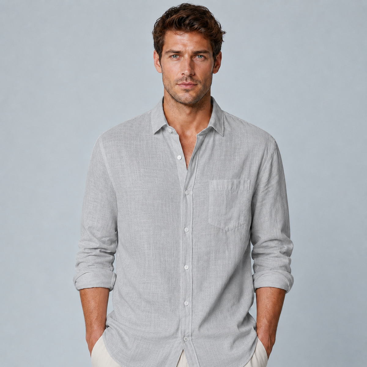 Men's Cotton Linen Lapel Long Sleeve Shirt Black Canvas