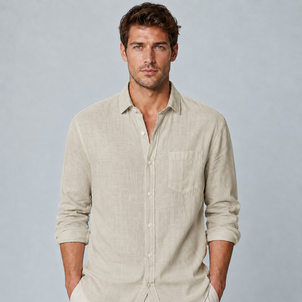 Men's Cotton Linen Lapel Long Sleeve Shirt Black Canvas