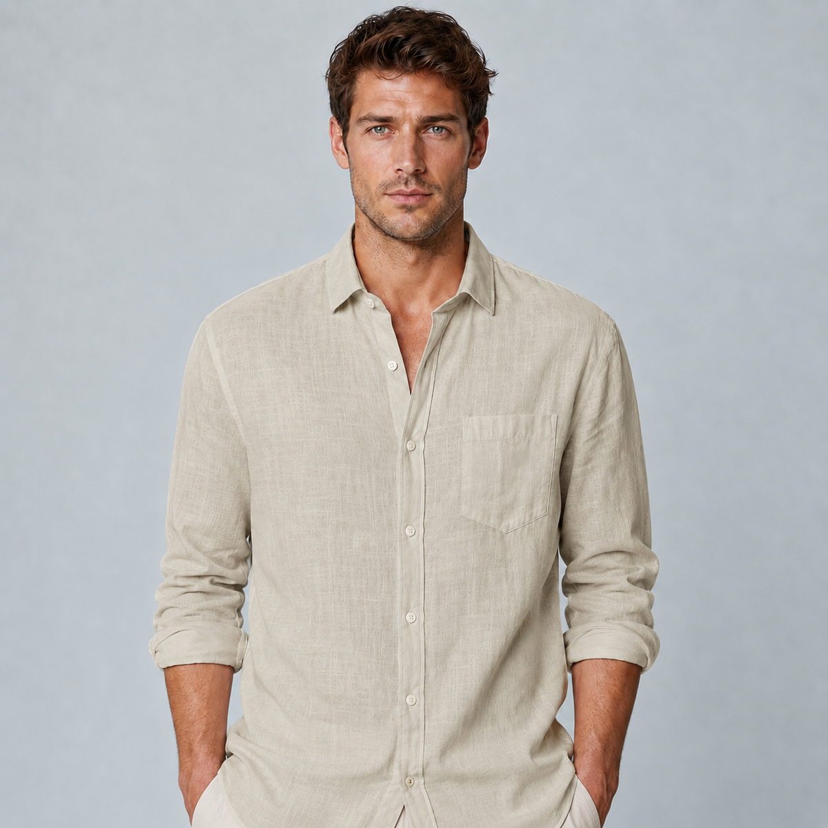 Men's Cotton Linen Lapel Long Sleeve Shirt Black Canvas