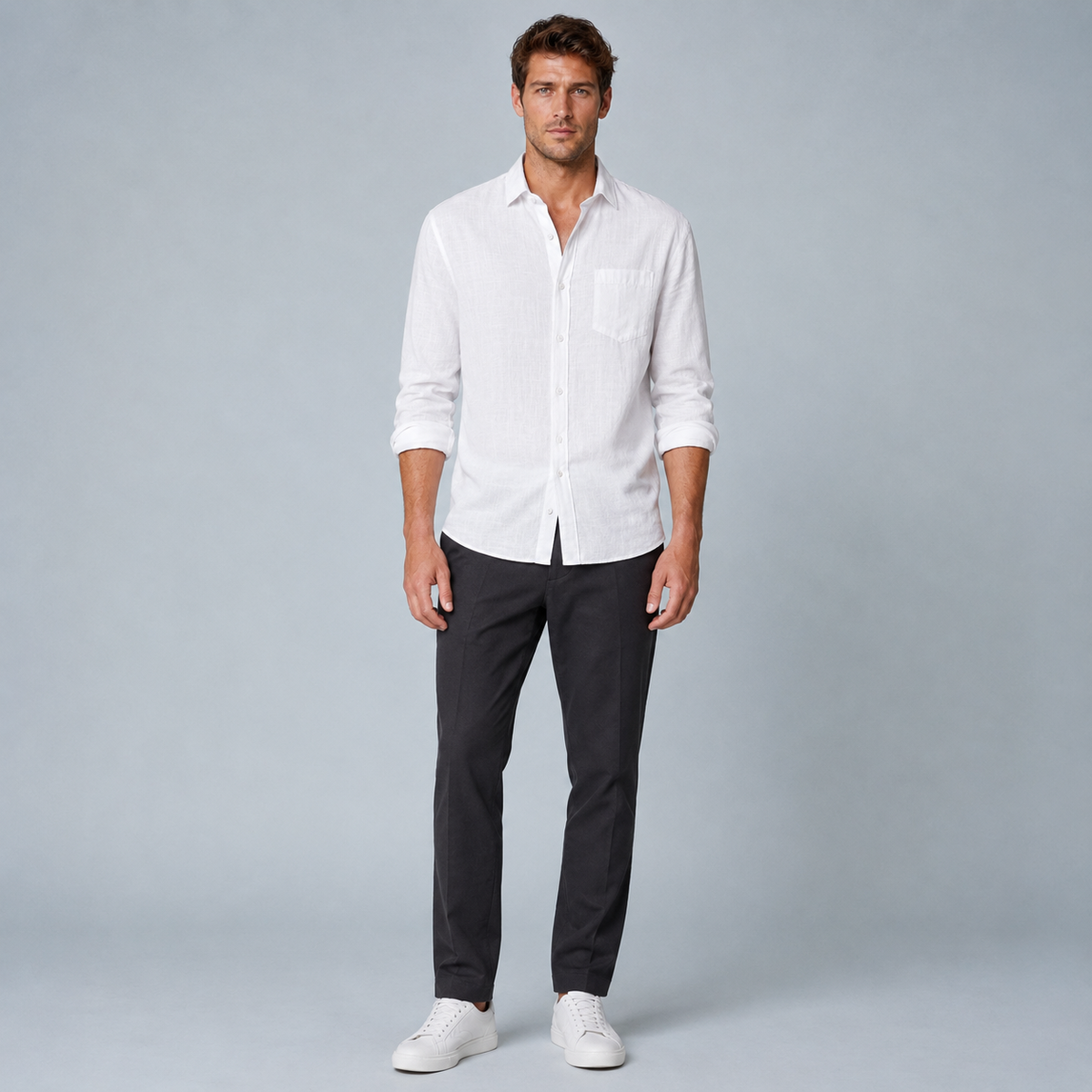 Men's Cotton Linen Lapel Long Sleeve Shirt Black Canvas