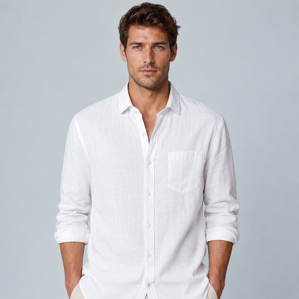Men's Cotton Linen Lapel Long Sleeve Shirt Black Canvas