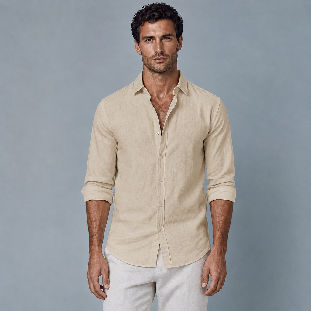 Men's Cotton Linen Long Sleeve Relaxed Shirt Black Canvas