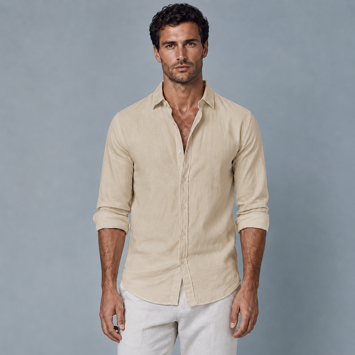 Men's Cotton Linen Long Sleeve Relaxed Shirt Black Canvas