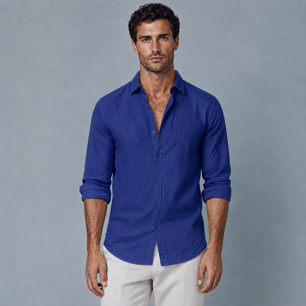 Men's Cotton Linen Long Sleeve Relaxed Shirt Black Canvas