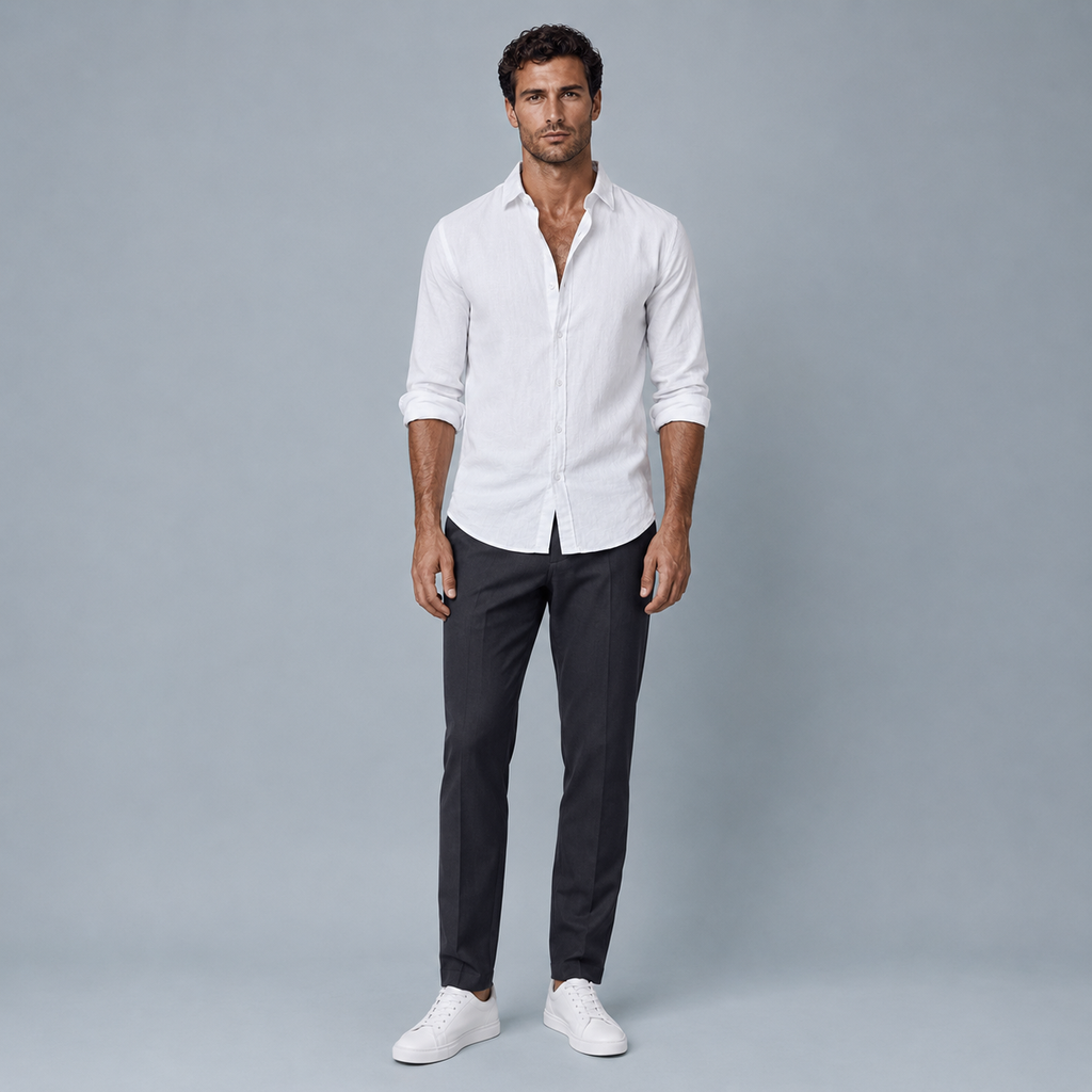 Men's Cotton Linen Long Sleeve Relaxed Shirt Black Canvas