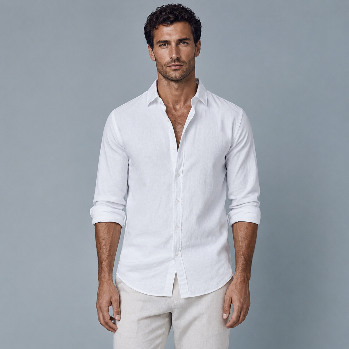 Men's Cotton Linen Long Sleeve Relaxed Shirt Black Canvas