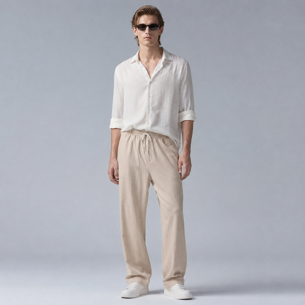 Men's Cotton Linen Straight Leg Trousers Black Canvas