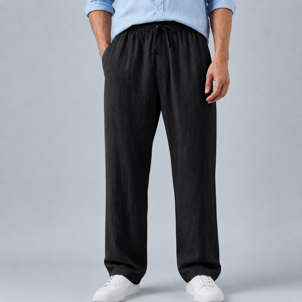 Men's Cotton Linen Straight Leg Trousers Black Canvas