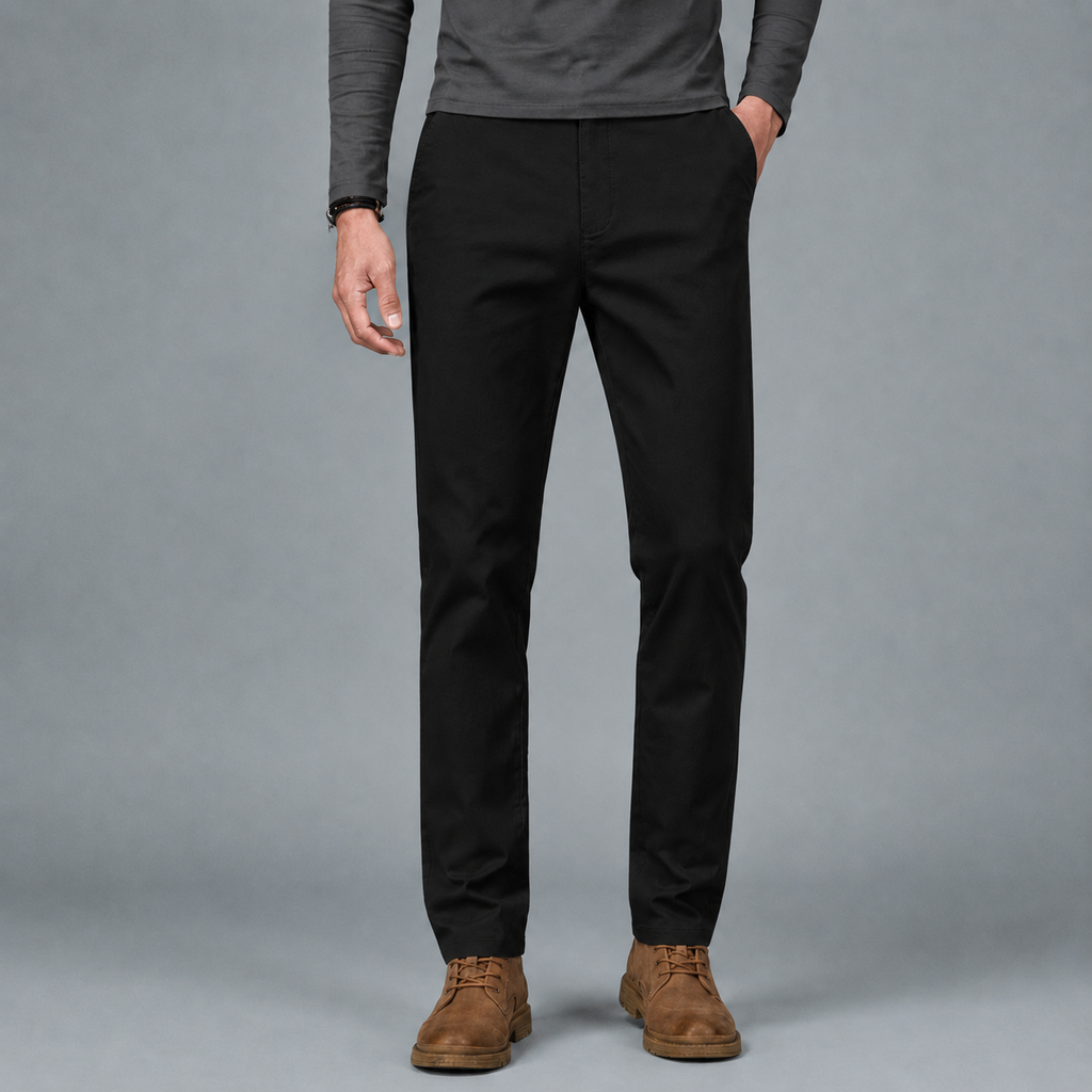 Men's Cotton Slim Straight Elastic Waist Trousers Black Canvas