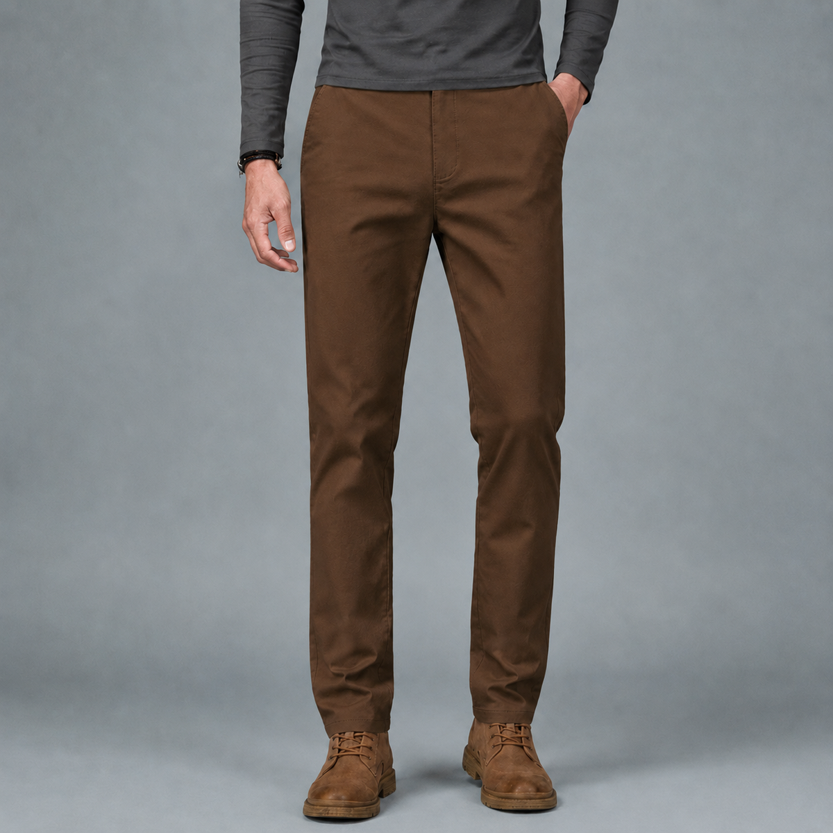 Men's Cotton Slim Straight Elastic Waist Trousers Black Canvas