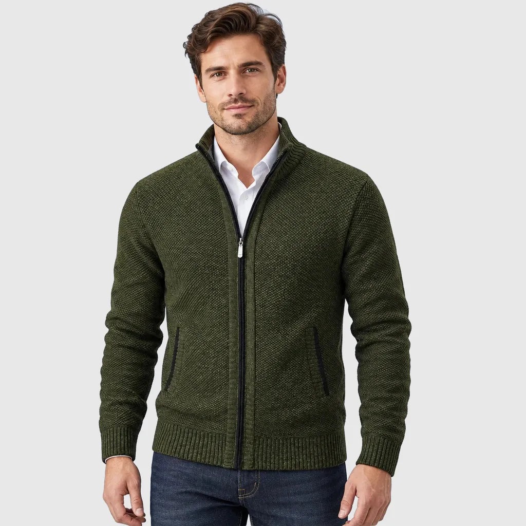 Men's Full Zip Stand Collar Fleece Cardigan