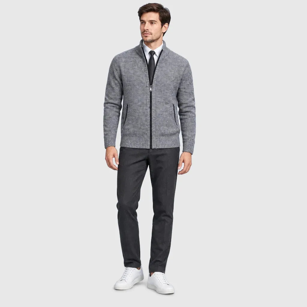 Men's Full Zip Stand Collar Fleece Cardigan