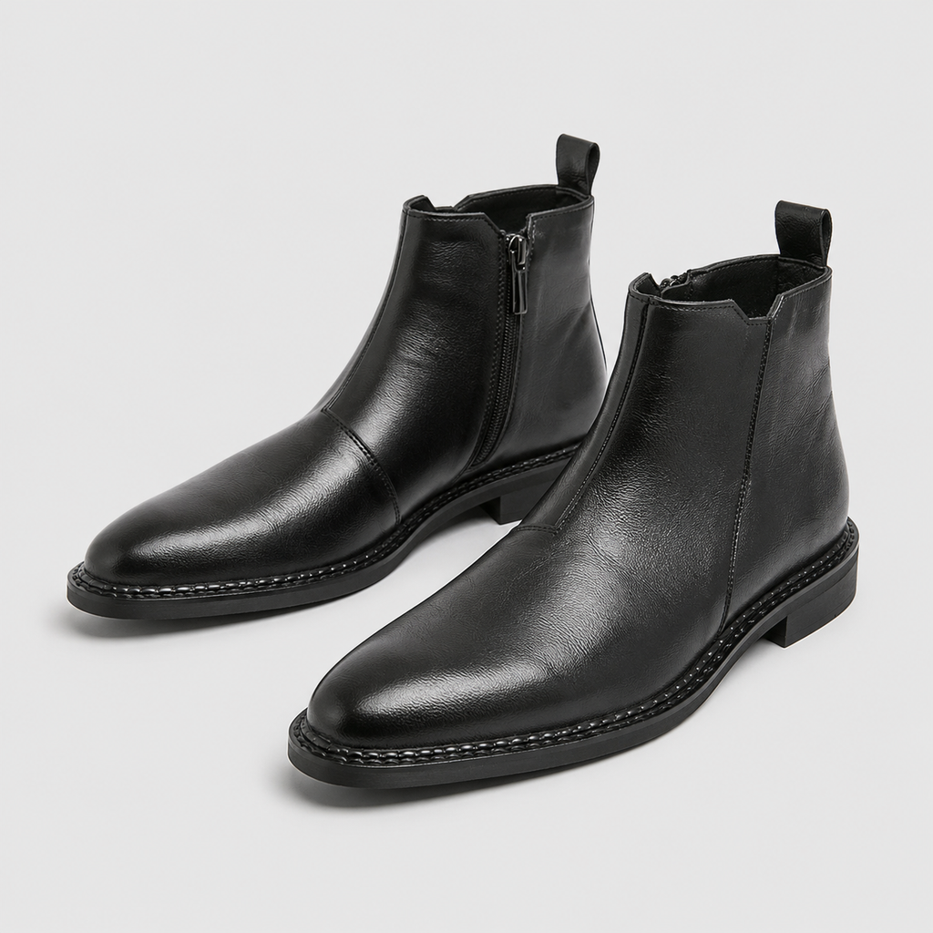 Men's Genuine Leather Pointed Toe Ankle Boots Black Canvas