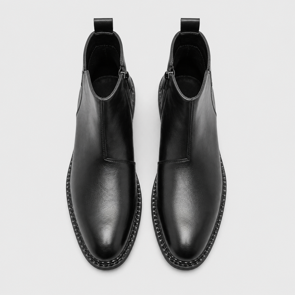 Men's Genuine Leather Pointed Toe Ankle Boots Black Canvas