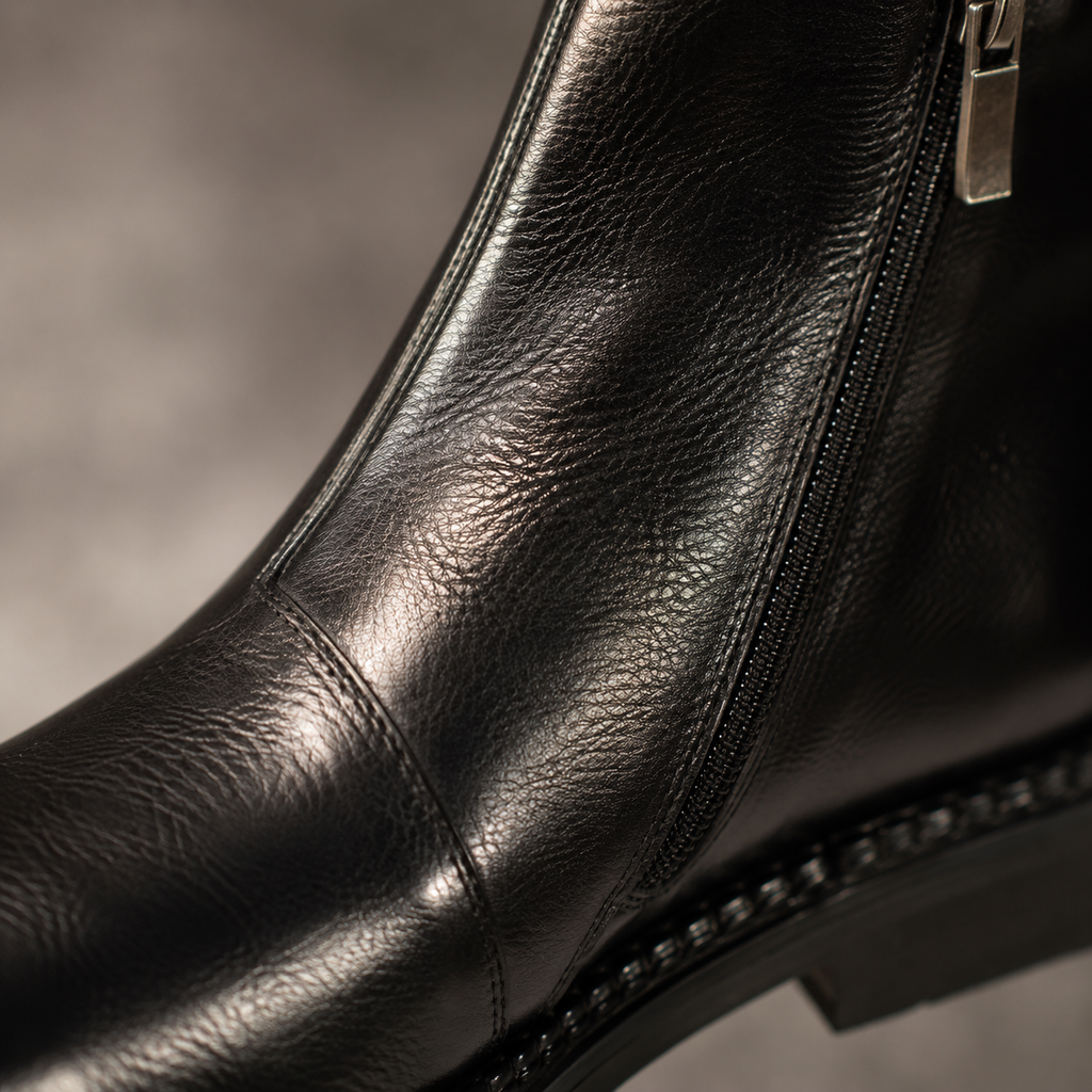 Men's Genuine Leather Pointed Toe Ankle Boots Black Canvas