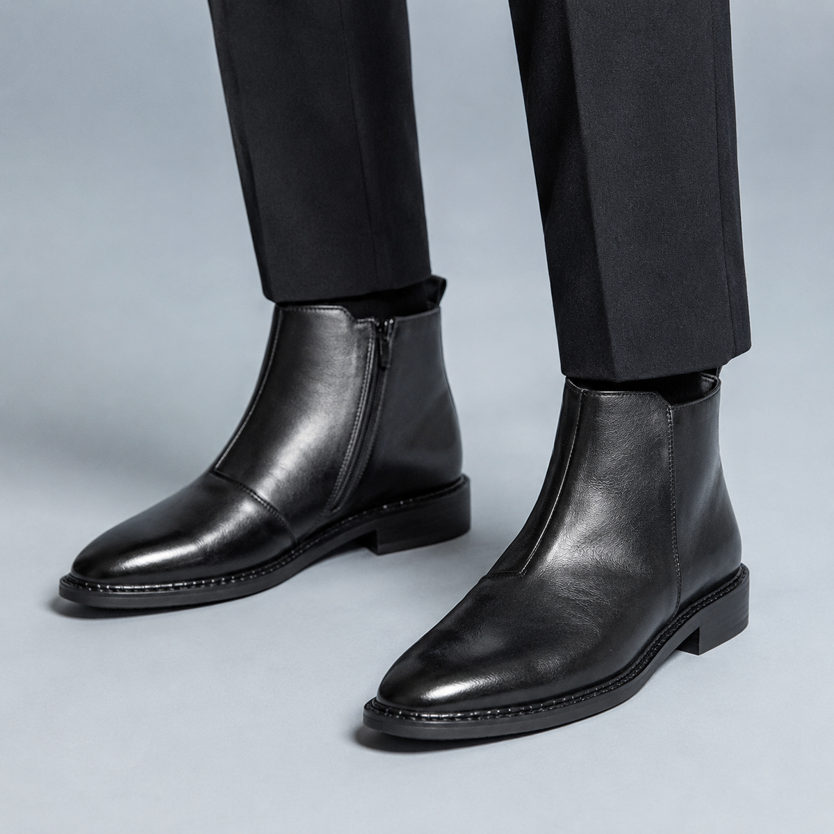 Men's Genuine Leather Pointed Toe Ankle Boots Black Canvas