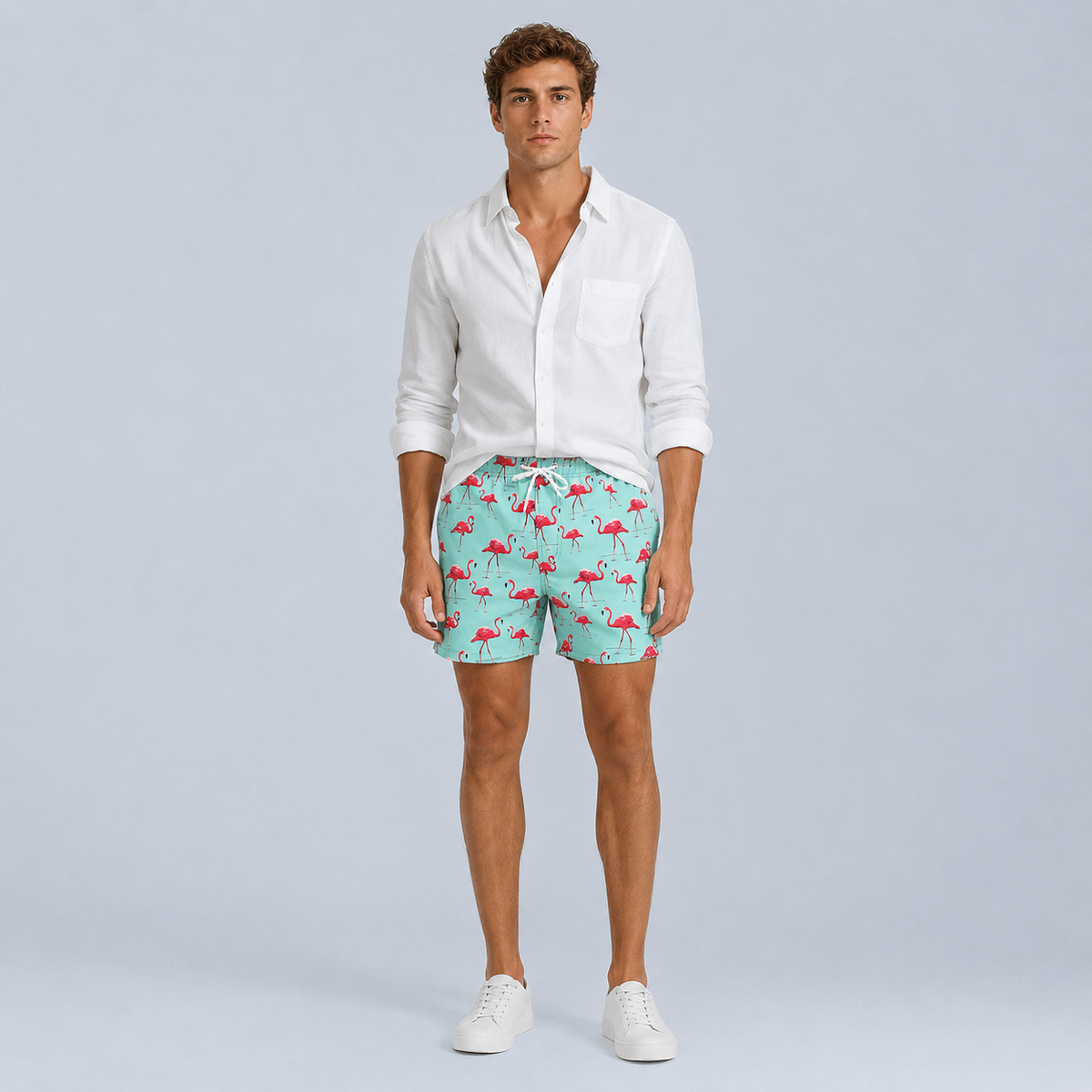 Men's Green Flamingo Quick-Dry Swim Shorts Black Canvas