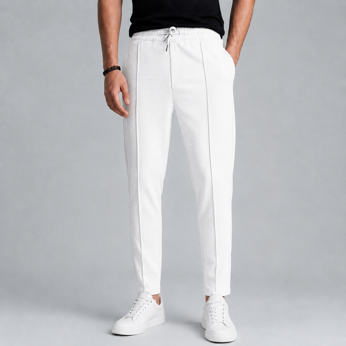 Men's Jute Knit Slim Fit Drawstring Trousers Black Canvas
